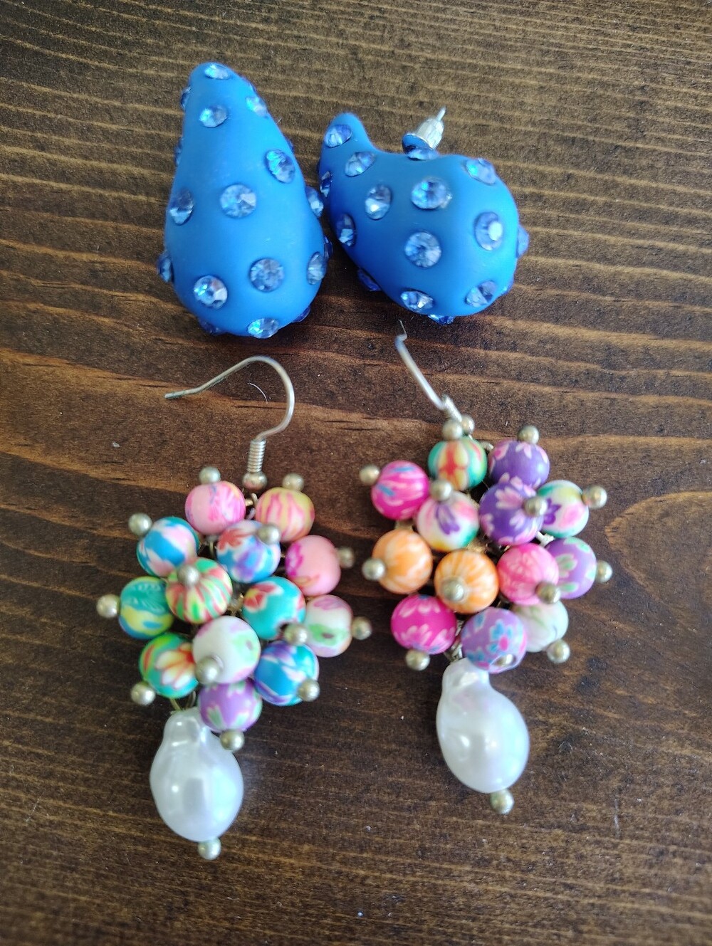 Bundle Of 2 Pairs. Colorful Cluster Bead Drop Earrings with Pearl Teardrops